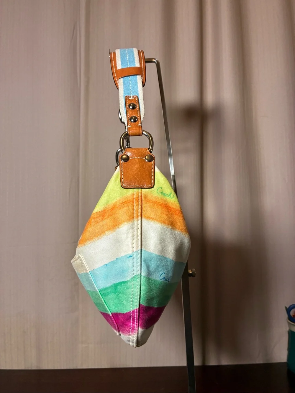 Coach Rainbow Striped Canvas Shoulder Bag with Leather Trim